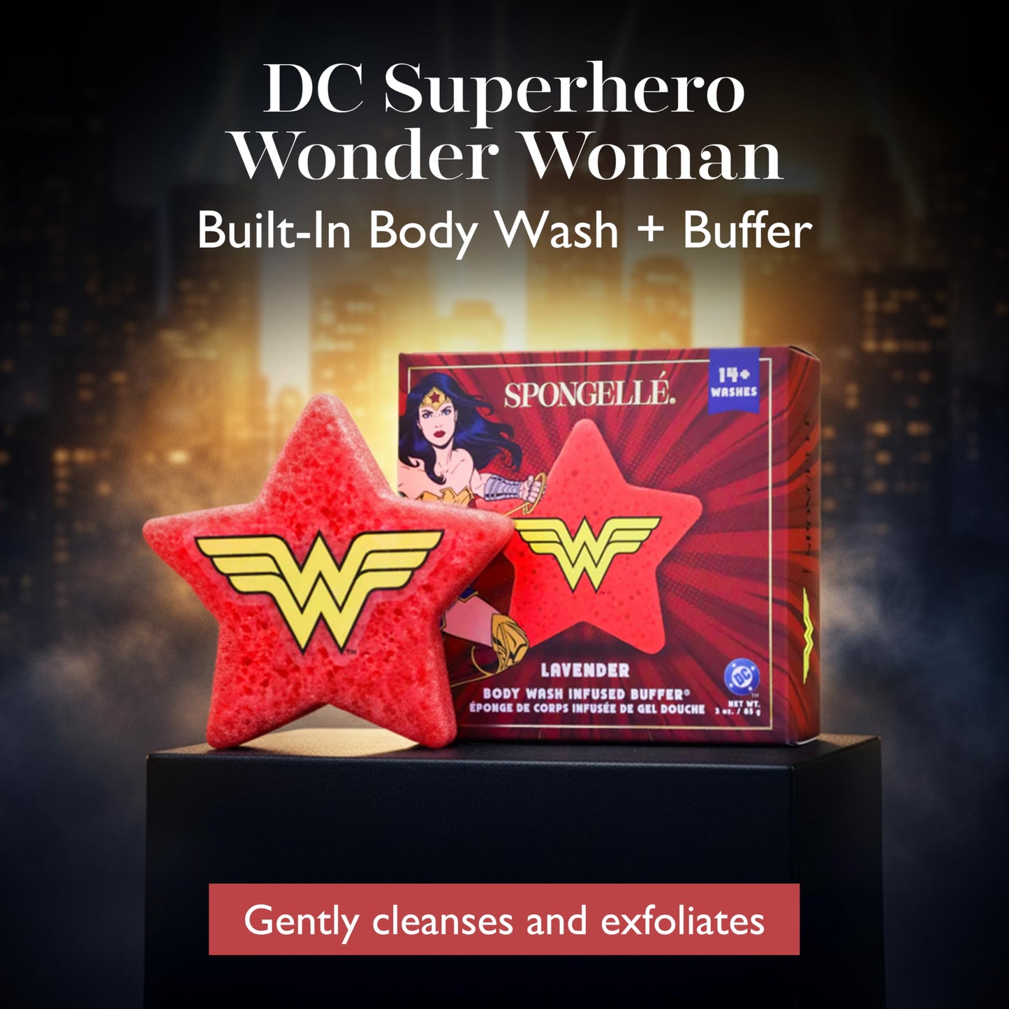 SPONGELLÉ Wonder Woman Lavender Body Buffer | DC Super Hero Collection