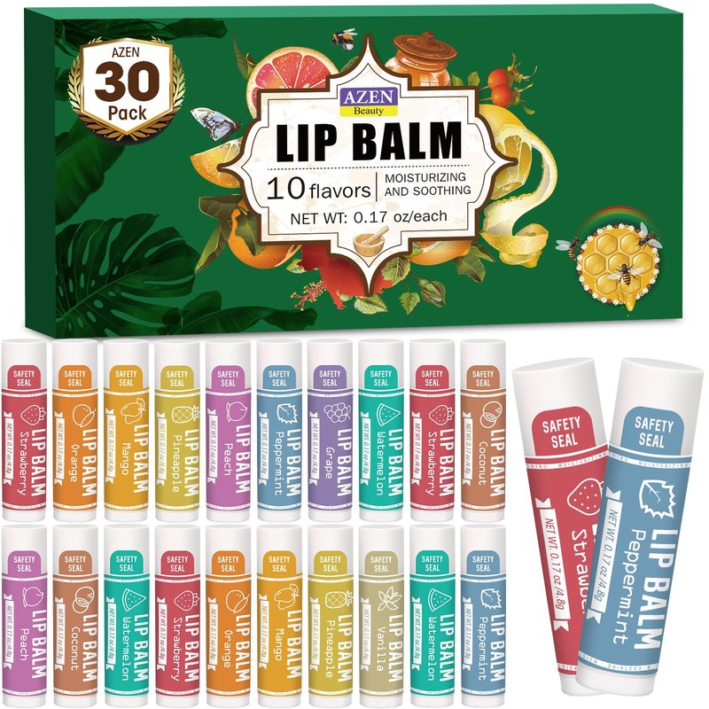 AZEN 30 Pack Lip Balm, Natural Lip Balm Bulk, Lip Care Product, Moisturizing Lip Balms for dry cracked lips, Mothers Day Gifts Easter Basket Stuffers - 10 Flavors