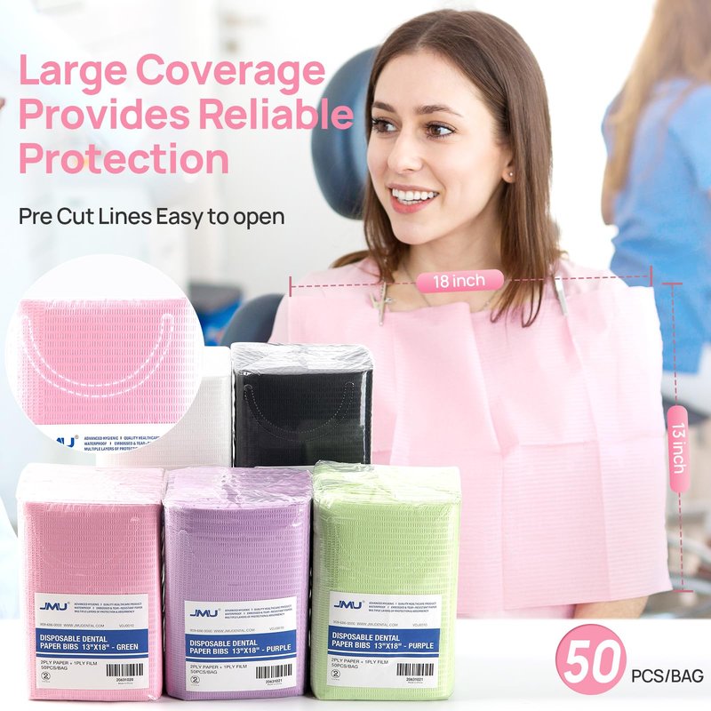 JMU Pink Dental Bibs, 50 Pack 3-Ply Waterproof Disposable Dental Bibs 13"x18" for Dental Clinic, Tattoo Shop, Nail Salon