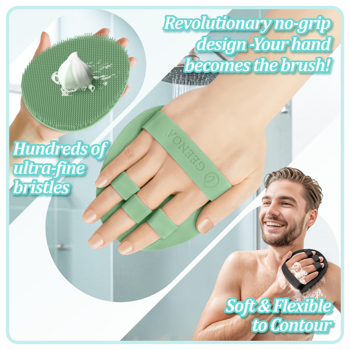 GEENOA Silicone Back Scrubber & Bath Glove Set 2PCS, 13.4'' Gentle Shower Back Scrubber with Dual-Side Head Non-Slip Handle, 360° Anti-Slip Hand-fit Bath Glove for Rich Foaming Deep Cleaning(Green)