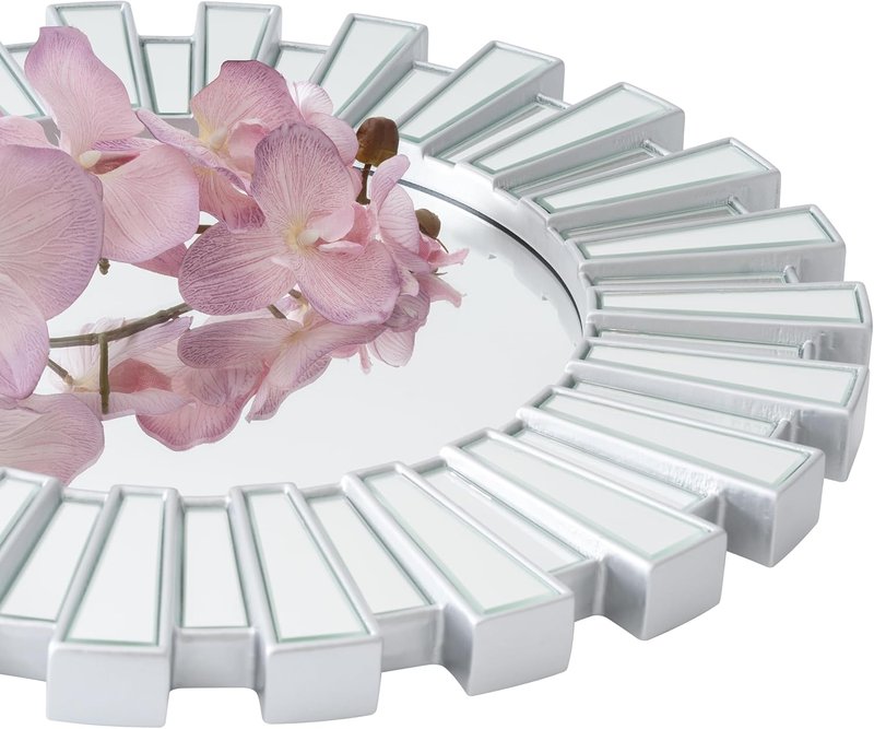 Silver Sunburst Wall Mirror - 23.6" Large Round Beveled Decorative Accent for Living Room & Bedroom