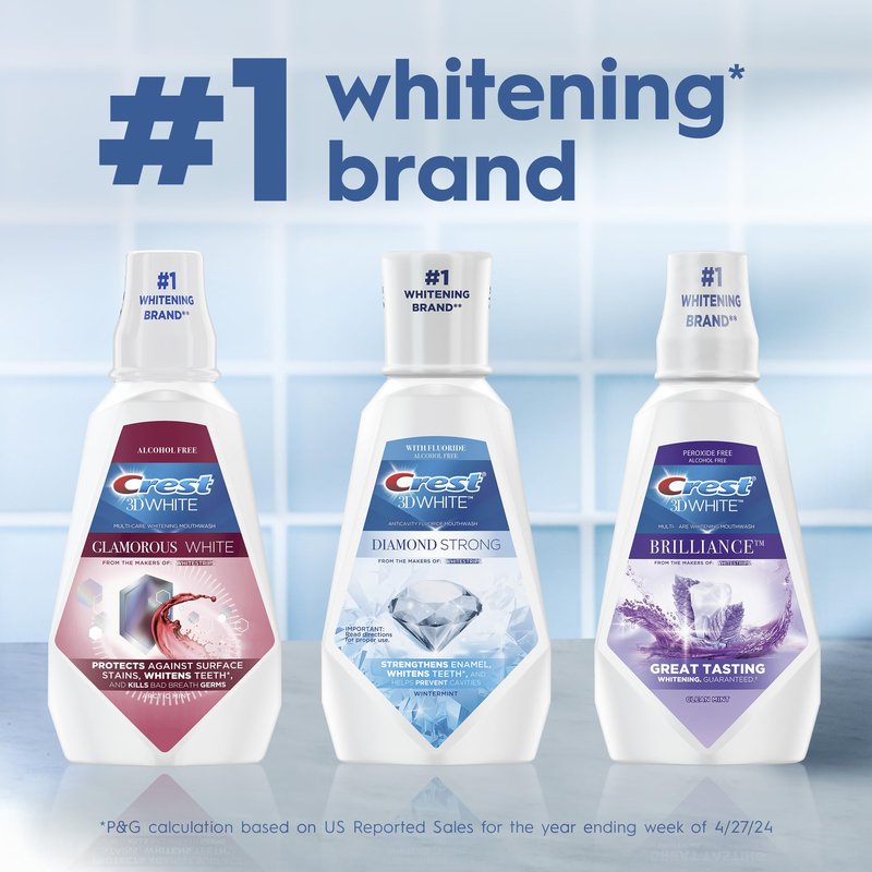 Crest 3D White Mouthwash, Teeth Whitening for Adults, 1L, 2 Pack, Alcohol Free Mouth Rinse, Breath Freshener, Antibacterial, Antiseptic, Bad Breath Treatment, Peroxide Free, Clean Mint