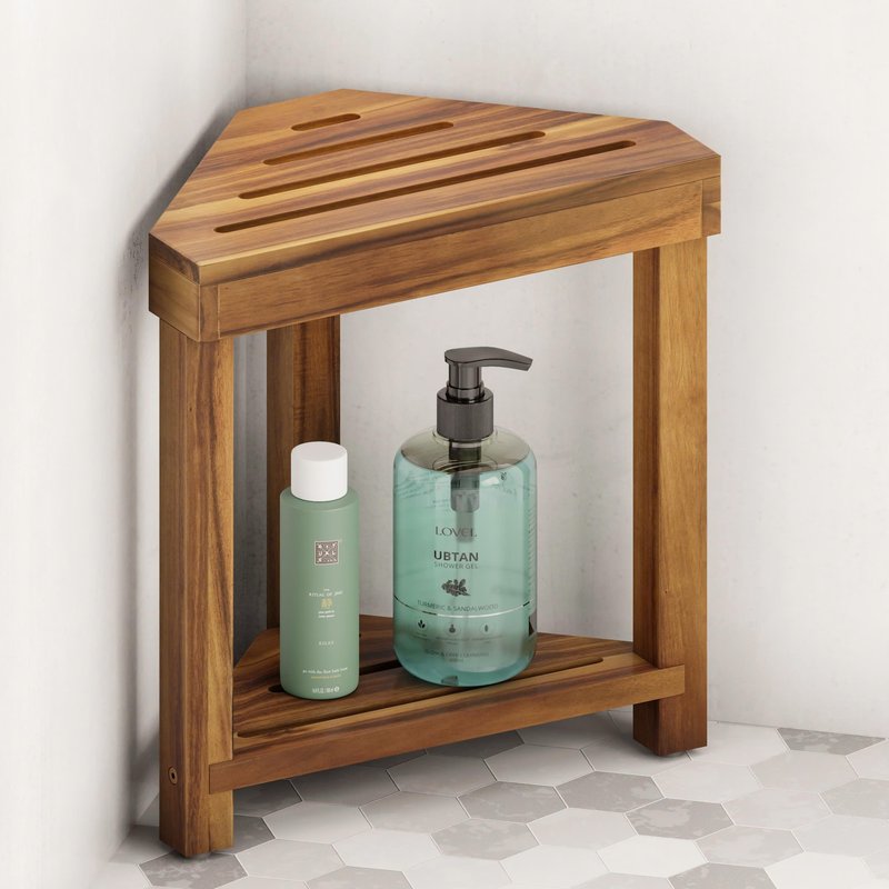 BLUEWEST 16.4" Corner Shower Stool with Storage Shelf, Acacia Wood Shower Foot Rest for Shaving Legs, Small Water-Resistant Bathroom Bench for Inside Shower, Wooden Bath Seat for Small Shower Spaces