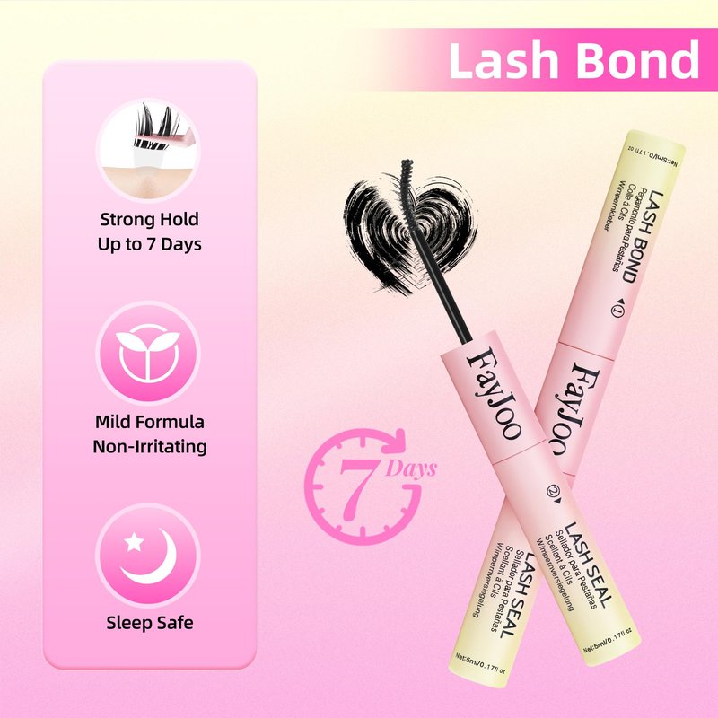 FayJoo Eyelash Adhesive Long Lasting Up to 7 Days, Strong & Flexible Hold Glue for Eyelash Extensions, Hypoallergenic, Waterproof & Quick-Dry, 3 in 1 Bond & Seal & Remover for Lash Cluster(5ml Each)
