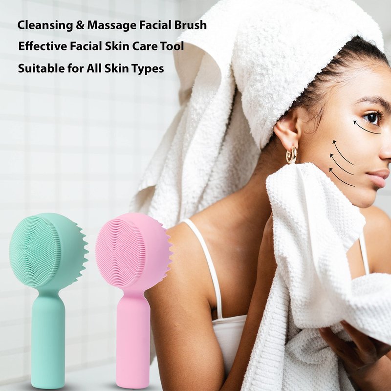 2 PC Silicone Facial Cleansing Brush 2 in 1 Facial Scrubber Manual Exfoliating Facial Brush Face Cleanser Face Exfoliator Ultrafine Bristles for Sensitive Skin Easy to Clean Lather Well(Pink&Green)