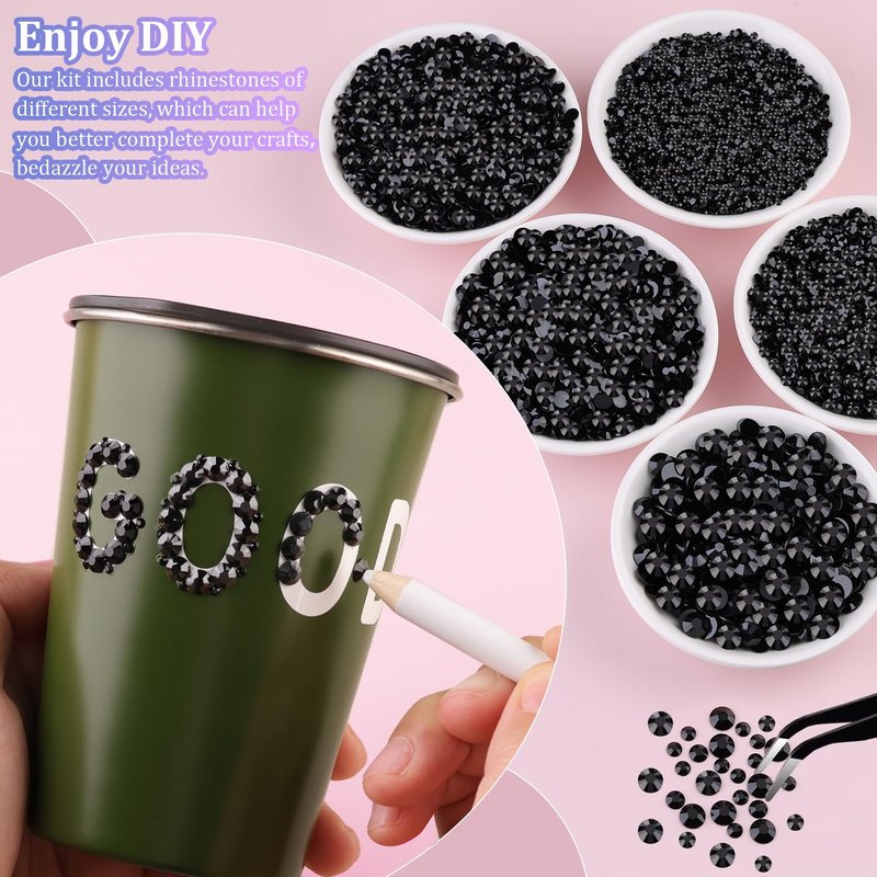 30000Pcs Resin Rhinestones for Bedazzling with Tweezers, Black Rhinestones for Crafting with 3Pcs 10ml B7000 Jewelry Glue for DIY Crafts Clothing Tumblers Shoes Fabric Nail Art