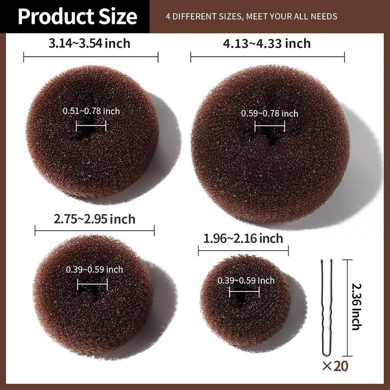 Hair Bun Maker - 4 Pcs Brown Ballet Buns in 4 Sizes | Easy Hair Donuts for Women