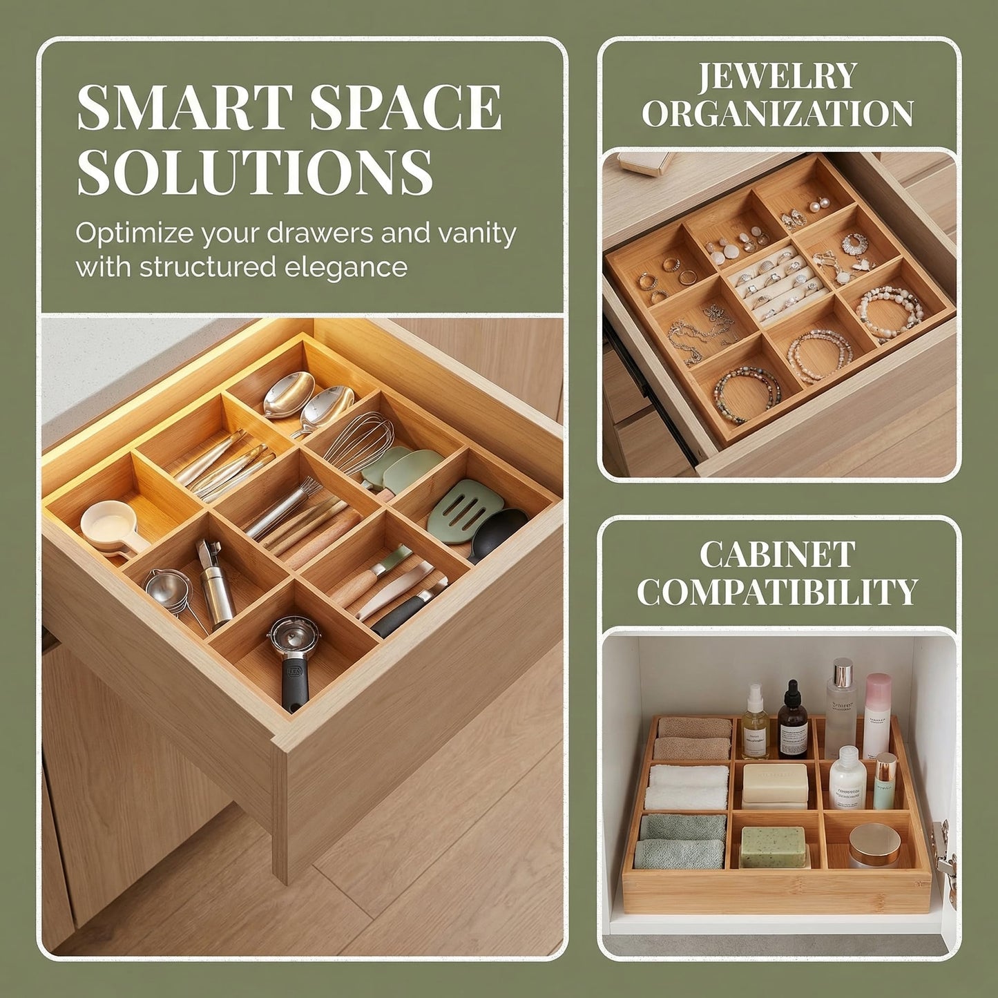 Cabilock 9-Compartments Wooden Divided Tray, Square Bamboo Serving Party Platter for Dry Fruits Snacks Candy and Dips, Space-Saving Shallow Drawer Organizer -13.2 x1.57 inch