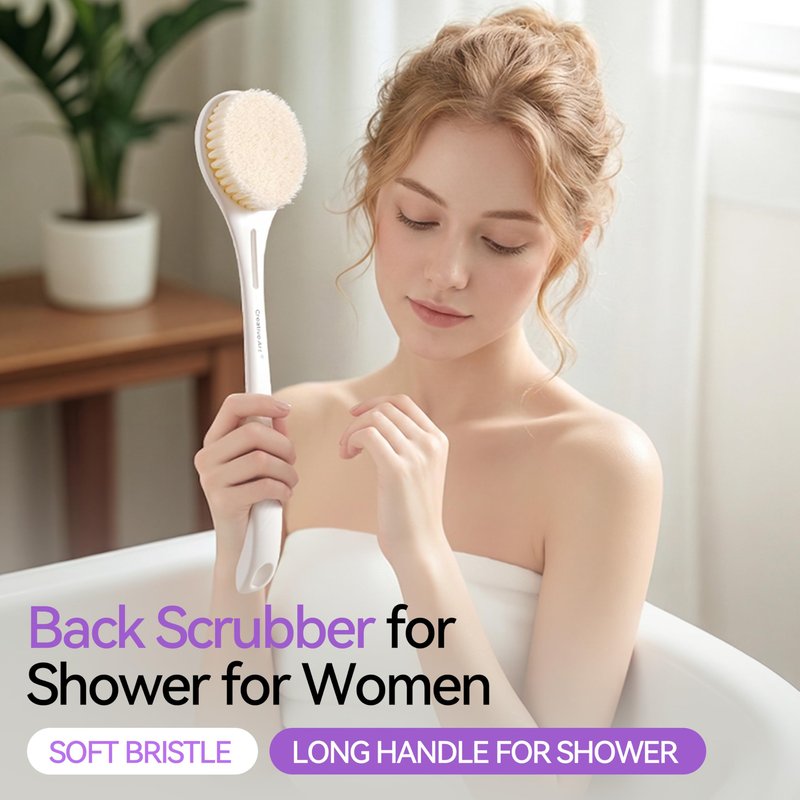 Back Scrubber for Shower for Women Men, Body Brush with Long Handle, Exfoliating Bath Washer with Soft Bristles, Body Exfoliator for Wet or Dry Brushing, Back Scrub Deep Cleaning, White