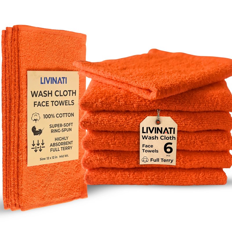 LIVINATI Orange 100% Cotton Wash Cloths for Showering Body and Face - 12"X12" 6 Pack Washcloths - Small Terry Towel Bath Rags for Adults and Kids Bathroom - Soft Absorbent