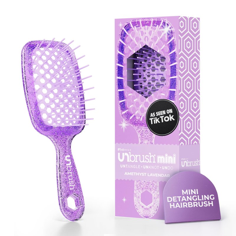 FHI Heat UNbrush Mini Detangler Brush for Pain-Free Brushing on All Wet or Dry Hair Types — Durable Duoflex Anti-Static Bristles, Lightweight Handle, Vented Mini Hair Brush, Amethyst Lavender