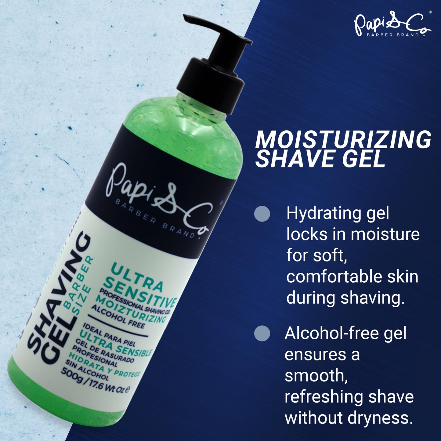 Papi&Co Shaving Gel for Ultra Sensitive Skin - Gentle, Alcohol-free, Moisturizing and Protecting Face Shave Gel for Men 17.6 Oz