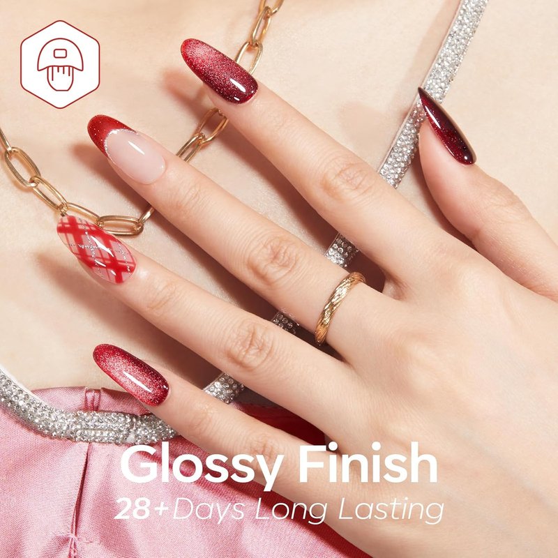 modelones Jelly Red Gel Nail Polish Set, Hema-Free 6 Colors Mother Day Red Cat Eye Burgundy Cherry Glitter Hot Dark Red Purple Sheer Neutral Translucent Effect with Magnet Gel Polish Kit LED Nail Art