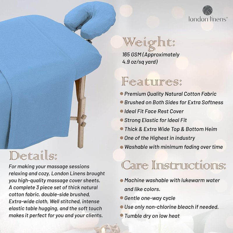 Massage Table Sheets Set - 100% Natural Cotton Flannel | 3-Piece Light Blue Set with Cover, Fitted Sheet & Face Rest