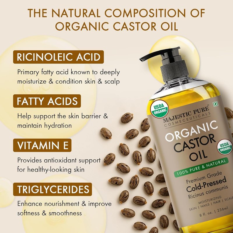 Majestic Pure Castor Oil - 100% Pure & Natural Cold Pressed Hair Growth Oil | USDA Organic 8 Fl Oz