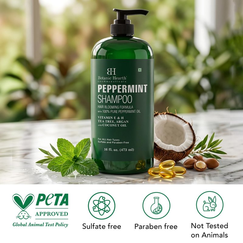 Botanic Hearth Peppermint Oil Shampoo | Hair Blooming Formula With Keratin For Thinning Hair | Fights Hair Loss, | Sulfate Free For Men And Women | 16 Fl Oz