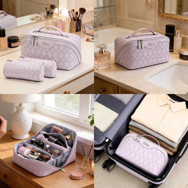 BOYATU Travel Makeup Bag for Women: Large Capacity 3-Piece Quilted Cosmetic & Toiletry Organizer - 2 Detachable Pouches Expand Storage by 50%, Open Flat for Easy Packing, Waterproof PU Leather(Purple)