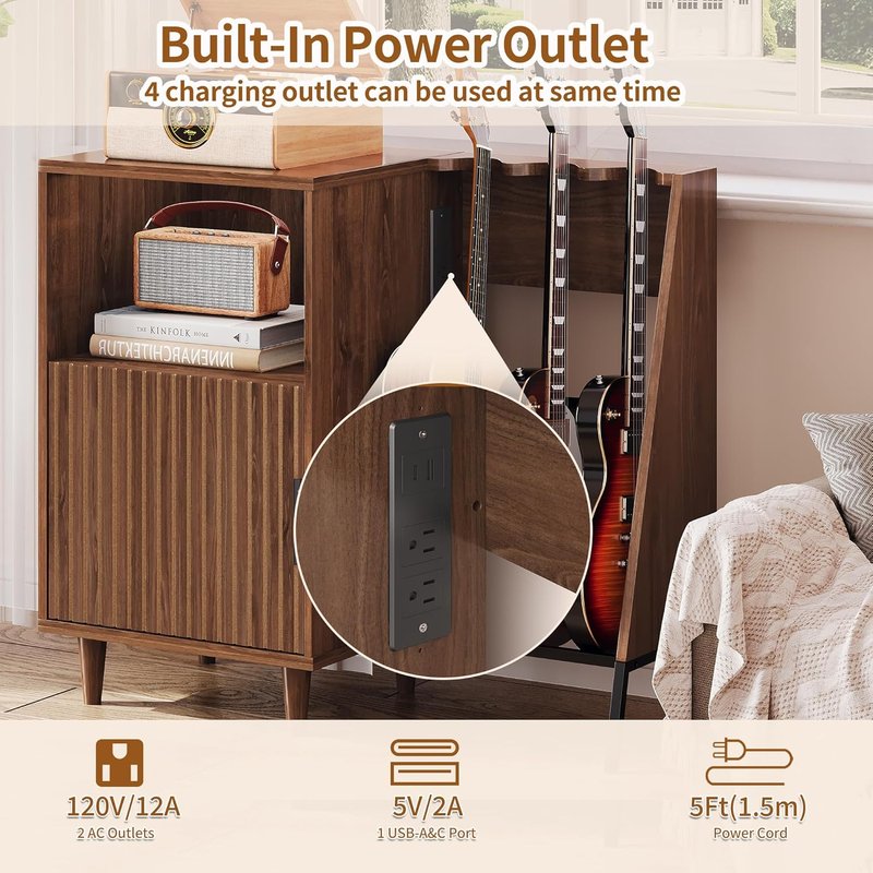 Guitar Stand with Vinyl Record Storage - Multi-Guitar Holder & Power Outlet | Ideal for Acoustic, Electric, Bass, Amp