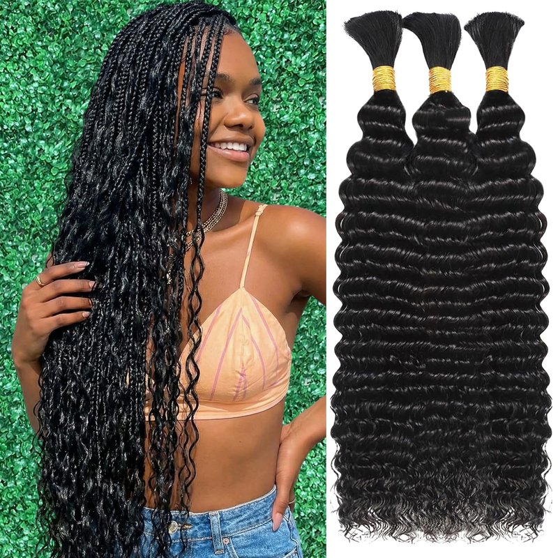 Afihond Human Braiding Hair for Boho Braids 120g Deep Water Wave Bulk Human Hair for Braiding No Weft 12A Wet and Wavy Curly Human Hair Extensions 3 Bundles/Pack Natural Color 18 Inch