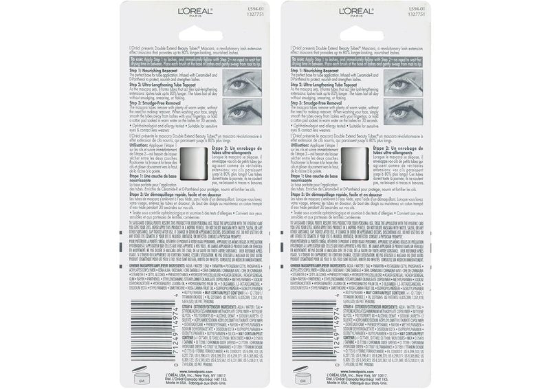 L'Oreal Paris Double Extend Tubing Mascara - Lengthening, Smudgeproof, Blackest Black | Pack of 2