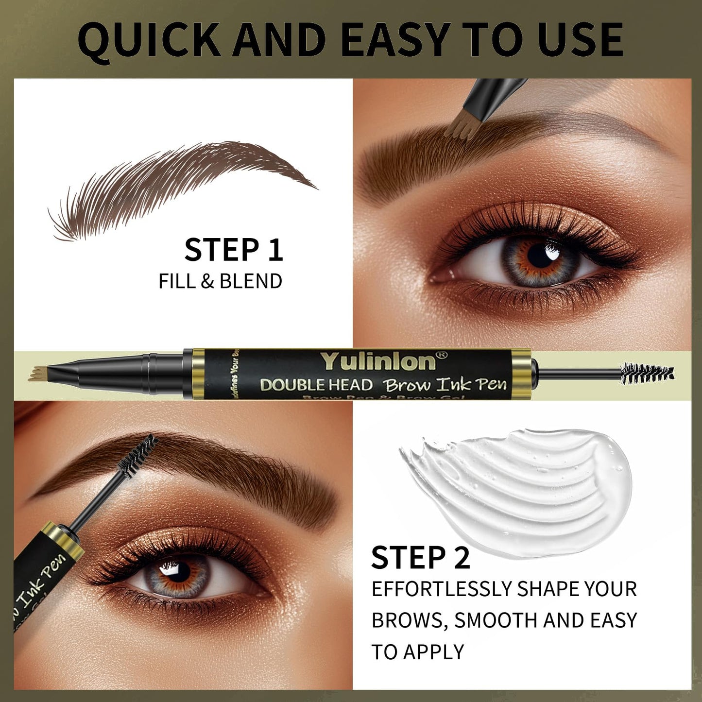 Yulinlon 2-in-1 Double Head Eyebrow Pen and Gel, Waterproof Brow Makeup with Dual-Ended Applicator (3#Dark Brown)