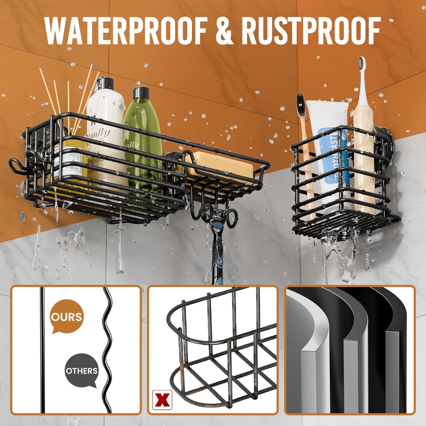 LEVERLOC Shower Caddy Suction Cup, 3 Pack Heavy Duty Bathroom Organizer for Inside Shower with Hooks & Soap Holder, Removable Bathroom Organizer, Rustproof Black Holder Storage
