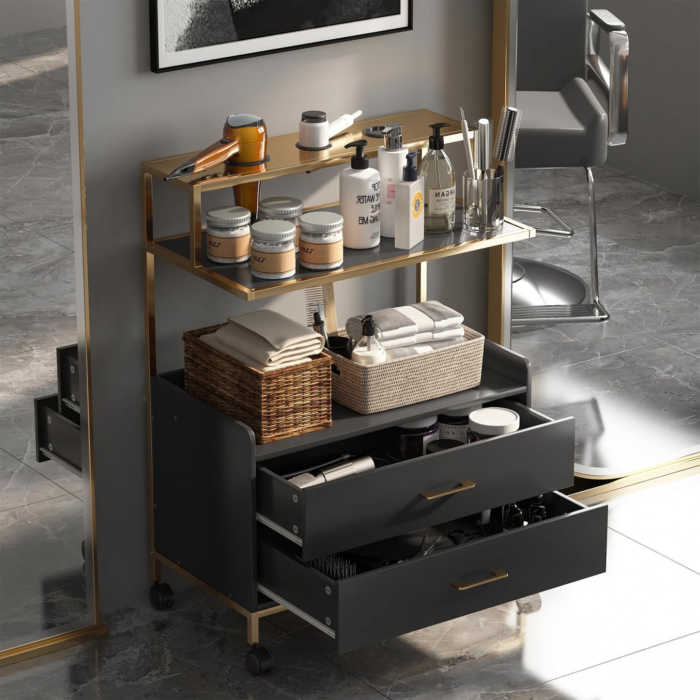 Waktavel Salon Rolling Trolley with Lockable Wheels Barber Cart with Storage Drawer Mobile Hair Station Cabinet for Beauty Makeup Esthetician Spa Massage (White Marble-one Drawer-Two Shelves)