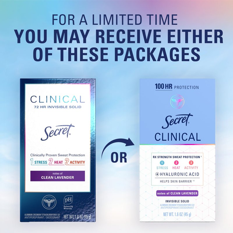 Secret Clinical Strength Antiperspirant Deodorant for Women, 3X Stress Protection, 72hr Sweat & Odor Protection, PH Balancing Minerals, lnvisible Solid, Clean Lavender Scent, 1.6 oz (Pack of 3)
