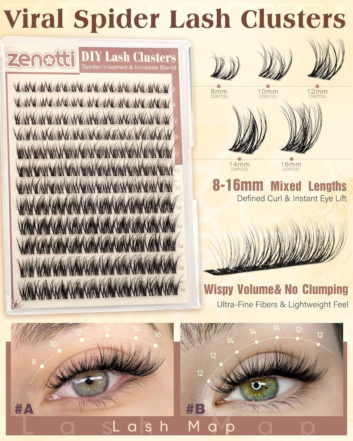 Zenotti Spider Lash Clusters - Wispy Eyelash Extensions for Natural Look | DIY 8-16mm Individual Lashes