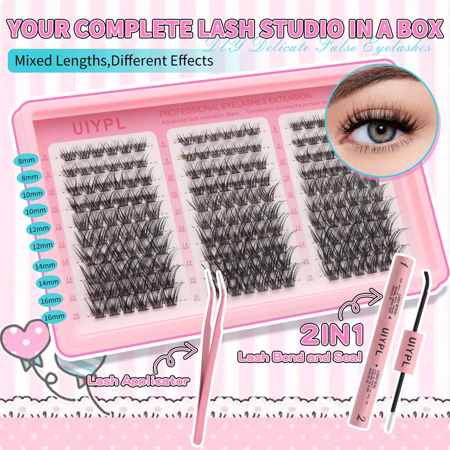 UIYPL Lash Clusters Kit-Cluster Eyelash Extensions. Eyelash Extension Kit. Volume Lash Clusters. Pro Lash. False Eyelashes & Adhesivesc. (ZH13 kit 180pcs)