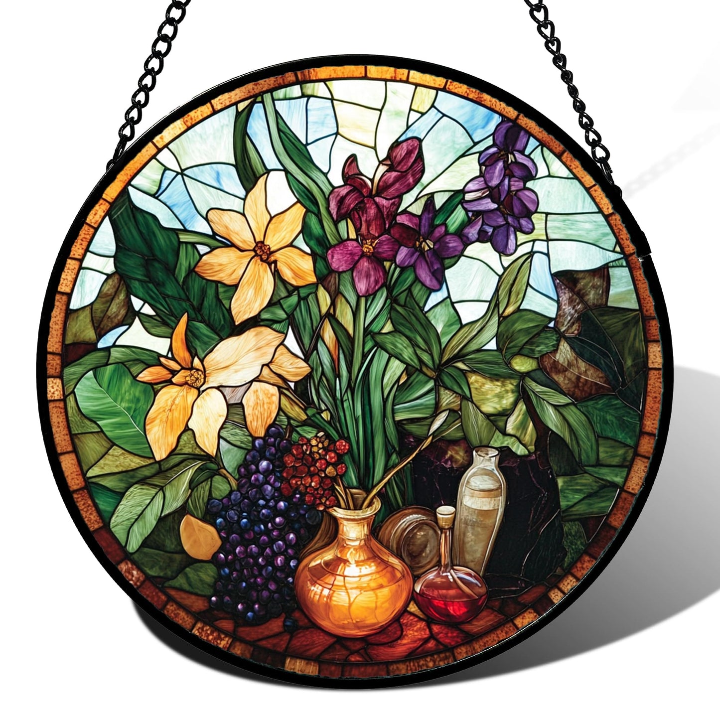 QZQCBLC Stained Glass Window Hanging Berry Plant Purple Yellow Flowers in Vase Large 11.8" - Suncatcher Door Garden Sun Catcher Home Decor Birthday Christmas for Mom Men Woman Nana