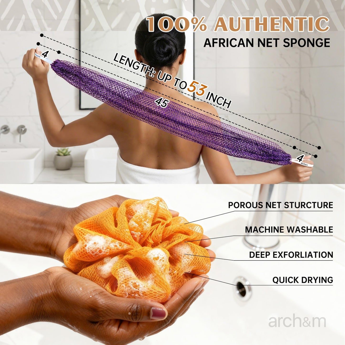 ARCH&M Afroscrub African Net Sponge - Authentic African Wash Cloths Exfoliating Body Sponges for Showering Daily Use Back Scrubber Exfoliator Shower Loofah for Body Bath Accessories Champagne