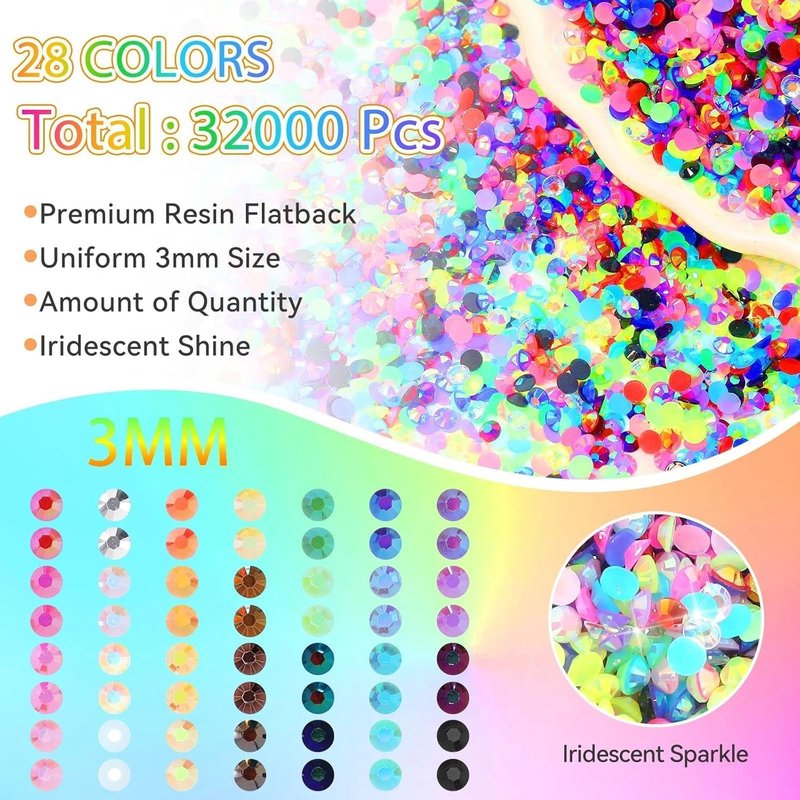 Skiennix 32000 Pcs Rhinestones Bedazzling Kit - Colorful 3mm Flatback Resin Gems for DIY Crafts