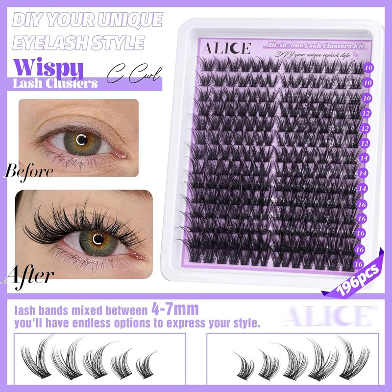 Cluster Eyelash Extension Kit - Natural Wispy 196pcs DIY Lashes | 10-18mm Individual Lashes with 4-7mm Bands, Glue & Tweezers