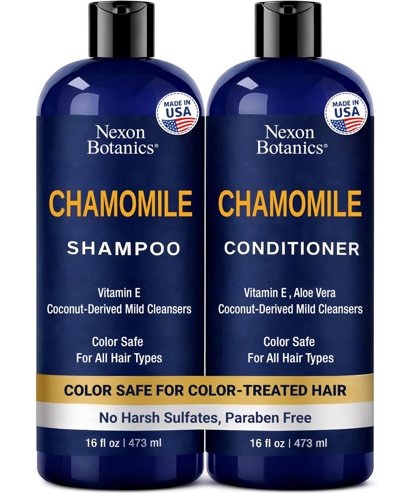 Chamomile Shampoo and Conditioner Set 16 fl oz - No Harsh Sulfates, Clarifying for Oily Dry and Frizzy Hair - Color Safe - Champu de Manzanilla - Nexon Botanics