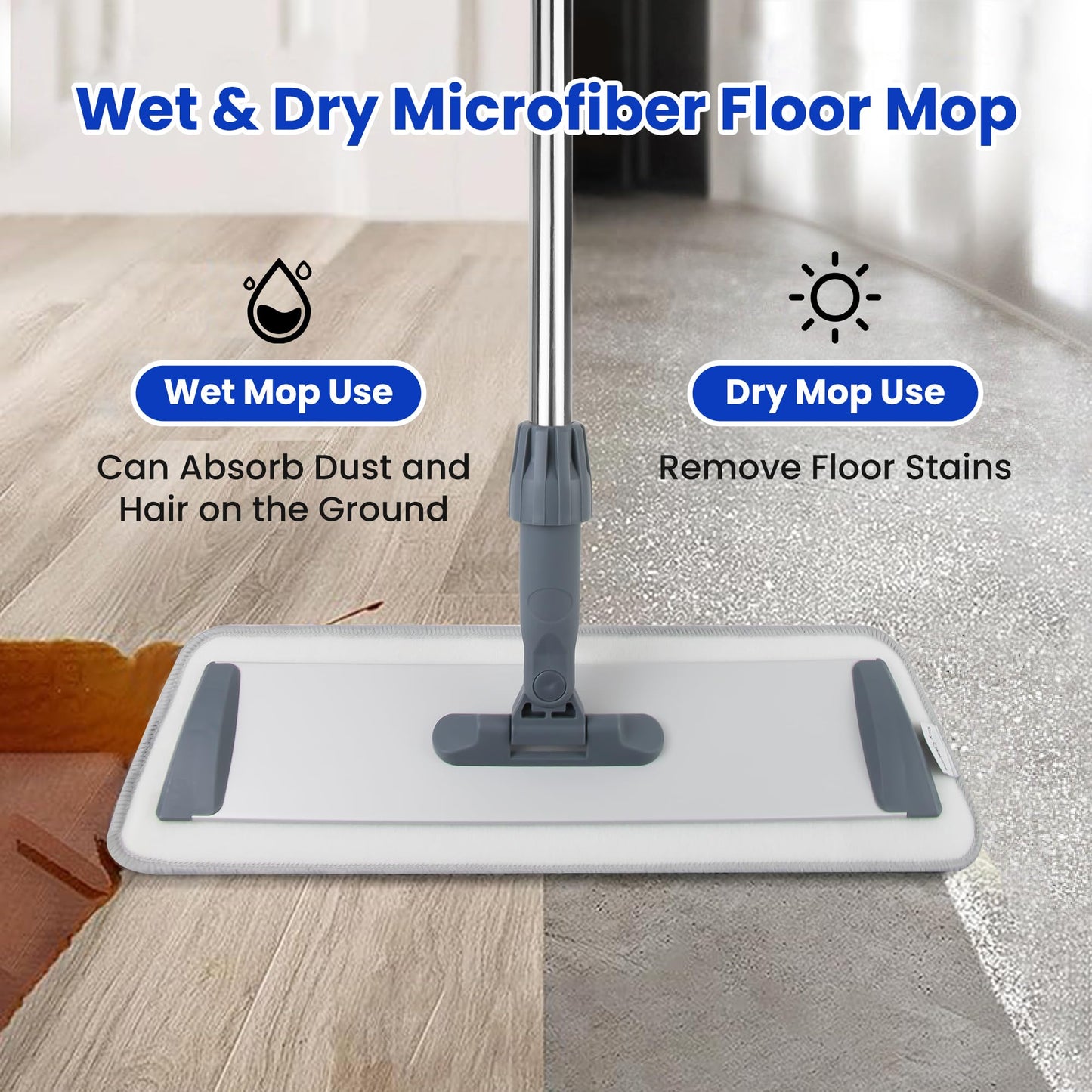Large 60 inch Microfiber Flat Mop for Floor Cleaning - Wet & Dry with 4 Washable Pads, 360° Rotatable Head for Hardwood, Vinyl, Tile