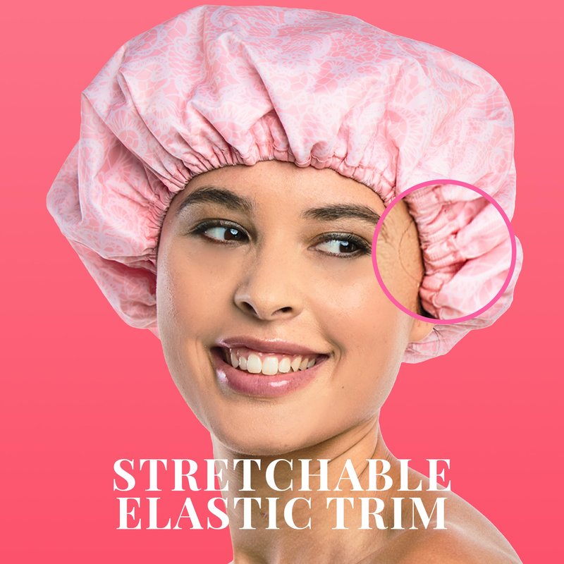 Reusable Nylon Shower & Bath Cap, Reversible Oversized Waterproof Shower Caps Large Designed for all Hair Lengths w Terry Lining & Elastic Band Stretch Hem Hair Hat - Socialite Pretty in Pink Lace