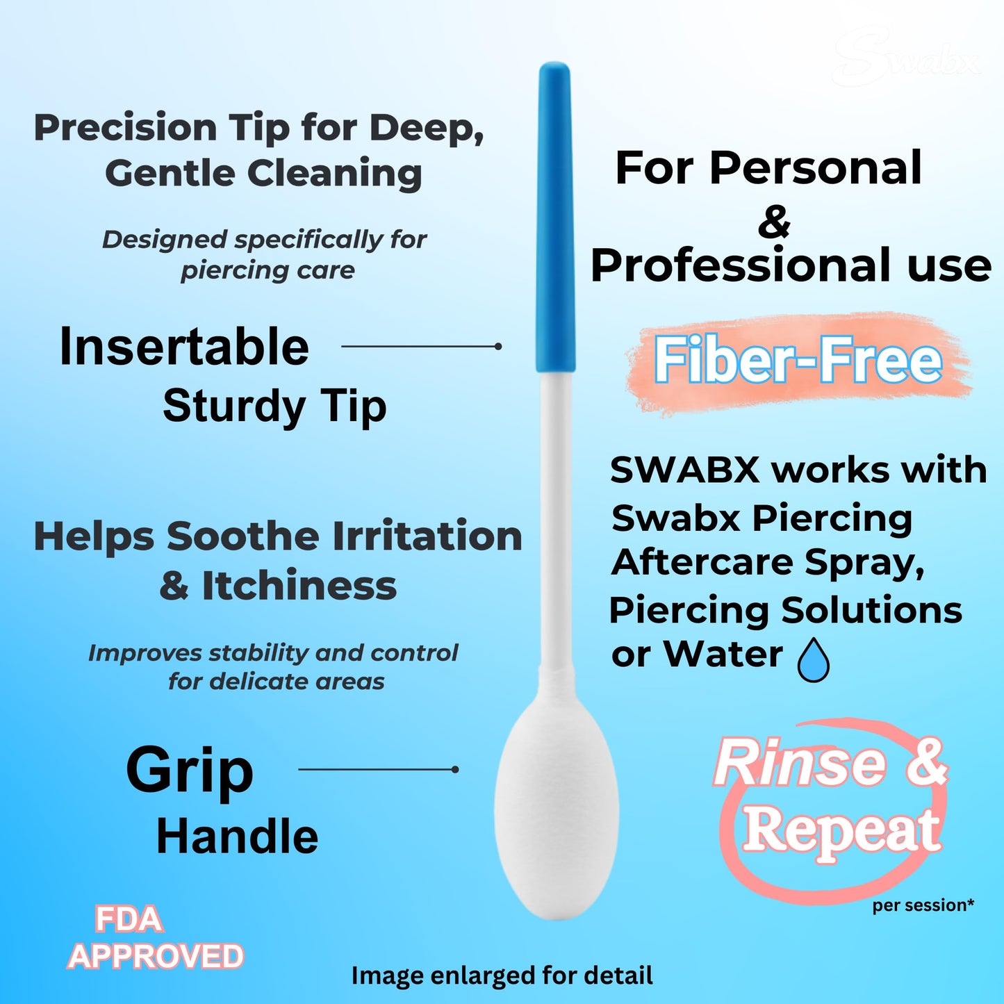 Insertable Piercing Cleaners Sturdy Tips Push Out Gunk, Odors; Cleans in Seconds Multiple Piercings. Soothe Irritation One Swipe Right Through Easy Use for Maintaining Piercings By SWABX - 2 Count