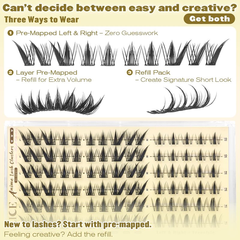 ALICE Lash Clusters with Spikes Anime Eyelash Clusters Natural Manga Eyelash Extensions 10-14mm Lash Extensions Thin Band DIY Left & Right Individual Lashes Cat Eye