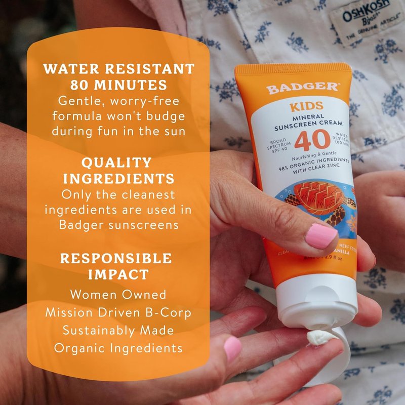 Badger Kids Mineral Sunscreen Cream - SPF 40, 98% Organic, Water Resistant & Reef Friendly | 2.9 fl oz