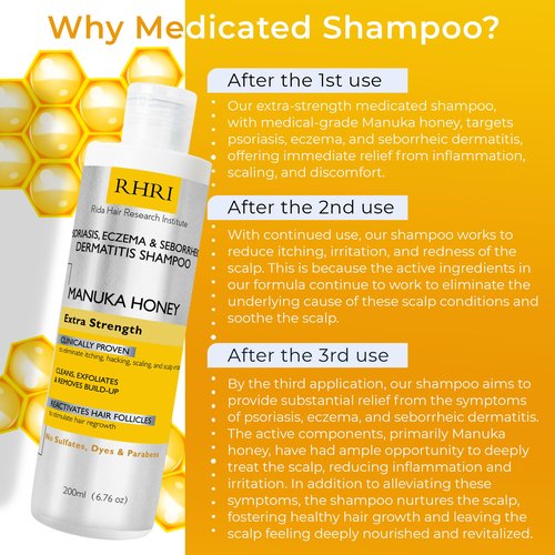 Rida Hair Research Institute Psoriasis Shampoo for Men & Women with Manuka Honey - Best Itchy Scalp Treatment for Eczema, Seborrheic Dermatitis, Ringworm & Folliculitis Treatment