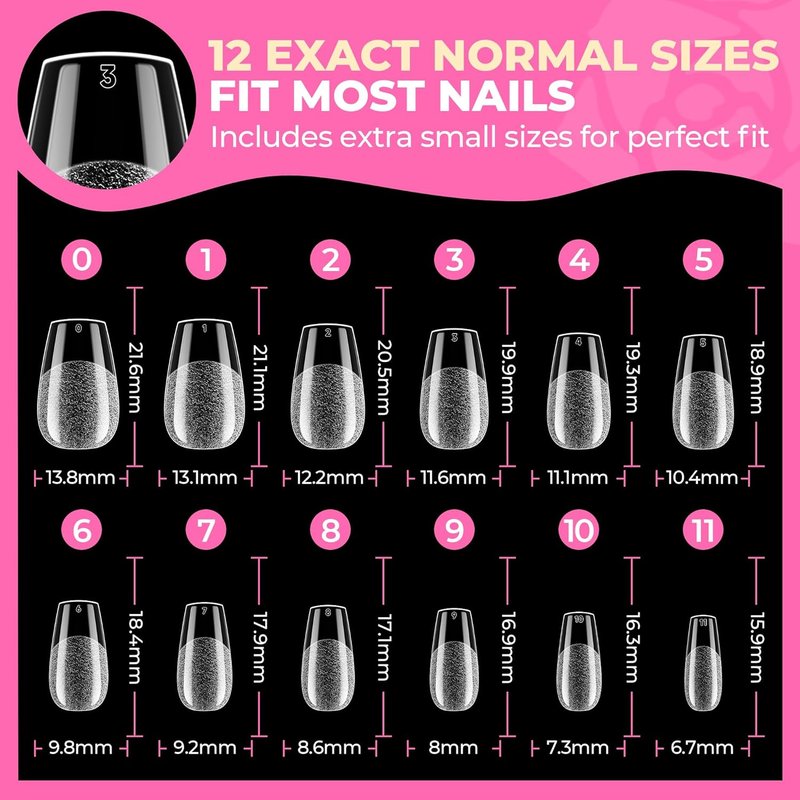 Short Coffin Nails Tips - 504pcs No C Curve Gel Press-On Nails | Pre-Etched Acrylic Extensions for Women, 12 Sizes