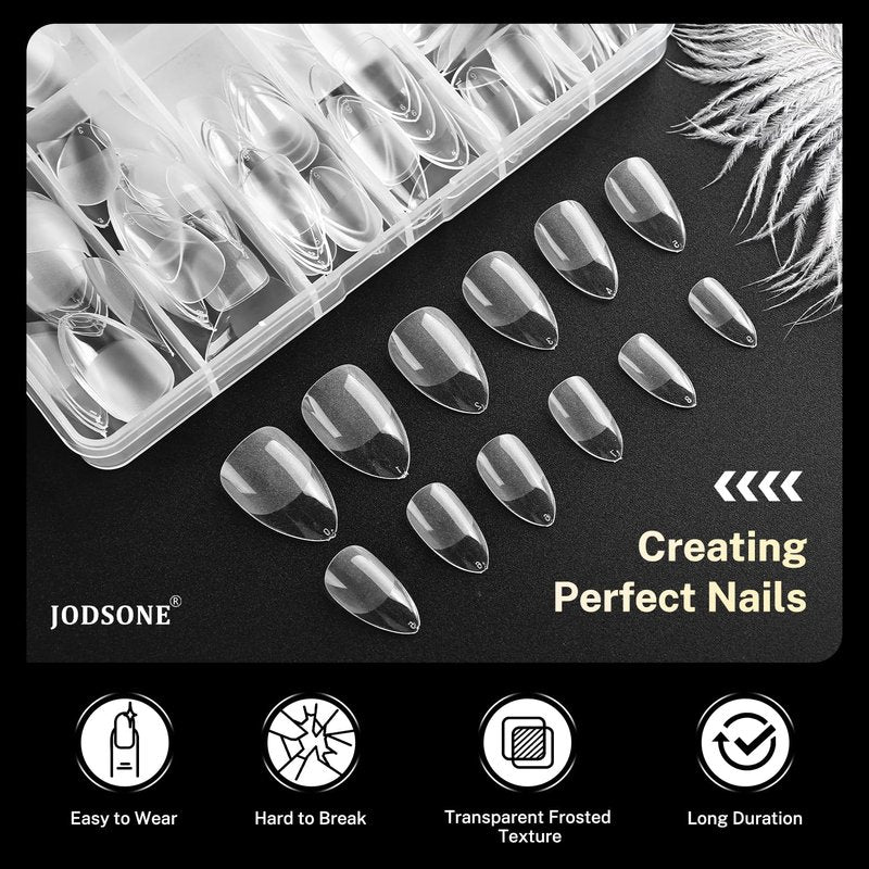 JODSONE Short Orbicular Half Matte Pre shaped Soft Gel Tips Fake Nails False Acrylic Clear Full Cover Press on Extension Gel Kit Manicure DIY at Home 240PCS 10Sizes