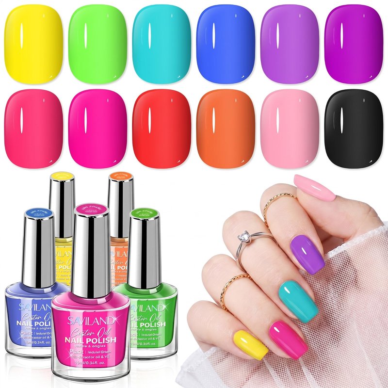SAVILAND Neon Nail Polish Set: 12 Colors Bright Summer Nail Polish with 2Pcs Base Top Coat Hot Pink Yellow Green Quick Dry Nail Polish Kit Regular Fingernail Polish Pack for Beginner DIY Home Salon