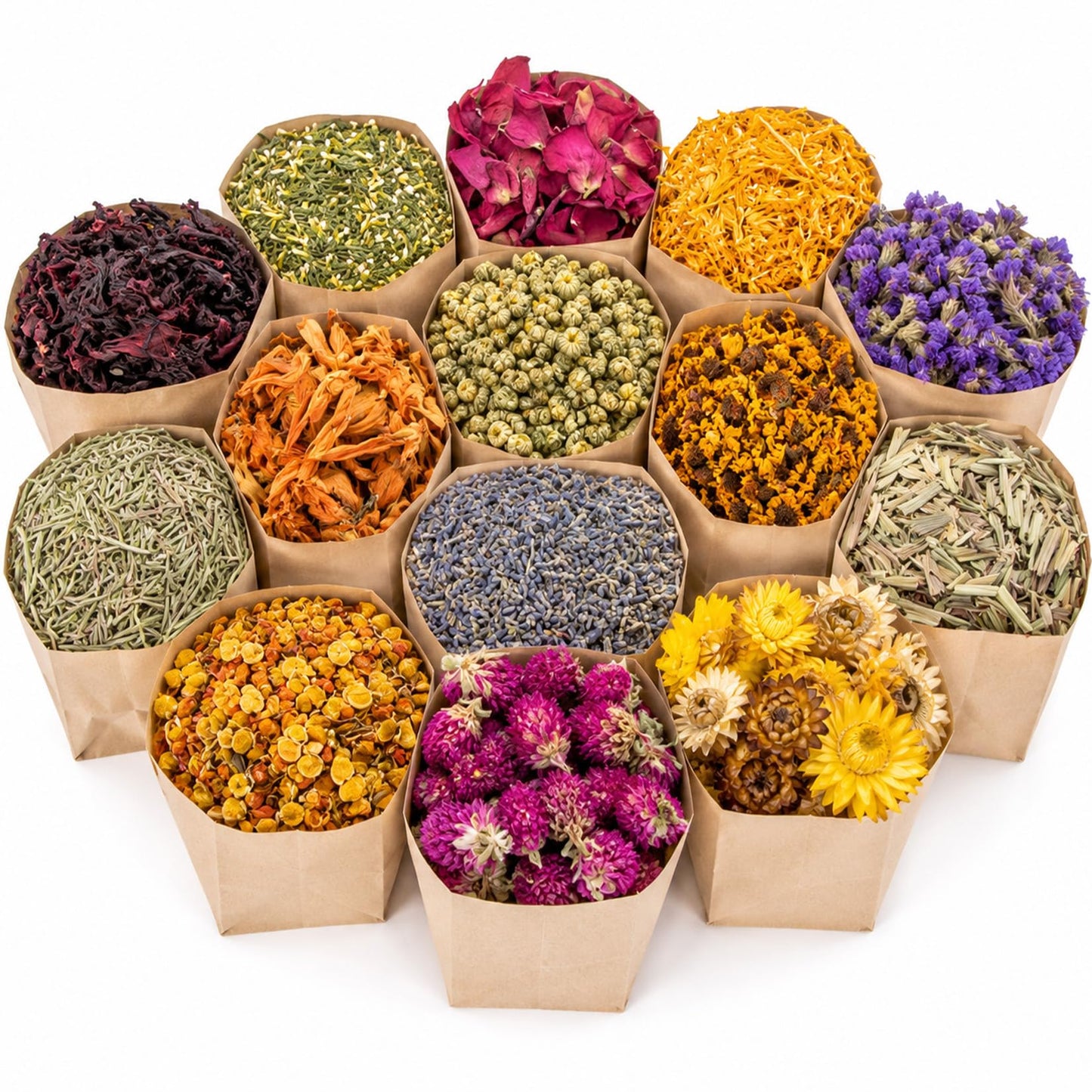 Sukh Dried Herbs Kit - Dried Botanicals Bulk,14 Bags Natural Dry Flowers and Herbs for Soap,Candle,Perfume,Bath Bombs,Resin Jewelry Making Supplies,Fragrance Sachet DIY and Witchcraft