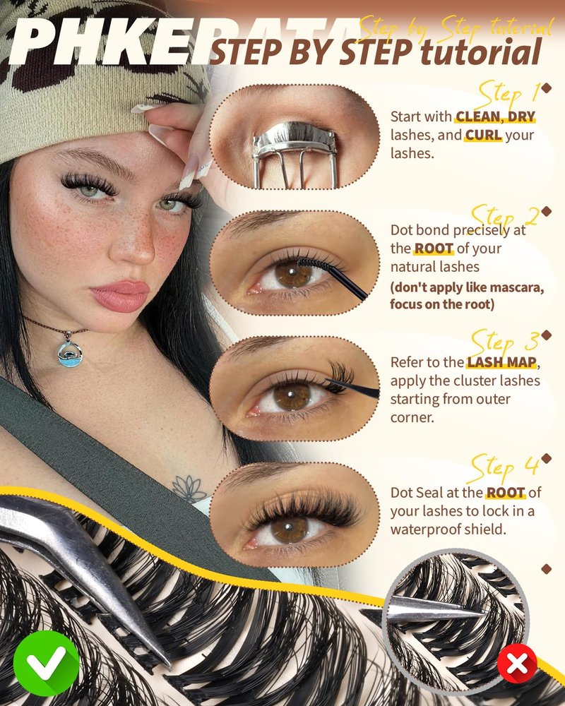 PHKERATA Fluffy Lash Clusters Wispy Eyelash Clusters, D Curl Cluster Eyelash Extensions, Light Volume Individual Lashes Cluster with Soft Thin Band, 10-16mm, 144Pcs