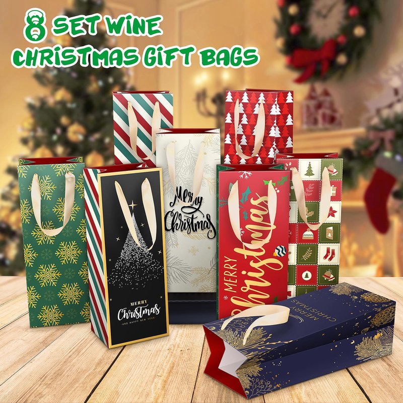 DeckTheHalls Christmas Gift Bags, 8 Pcs Wine Gift Bags with Unique Xmas Designs, Christmas Goody Bags with Ribbon Handles, Reusable Wine Bottle Wrap Bags for Xmas, Engagements & Party