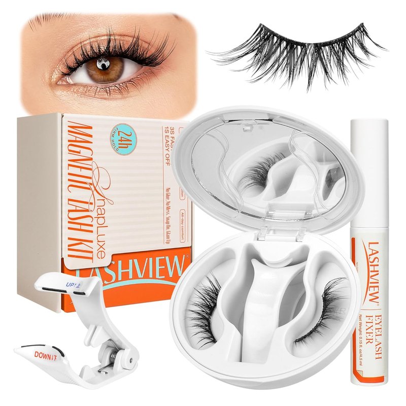 LASHVIEW Magnetic Eyelashes - No Glue Needed, Reusable Soft Wispy Lashes for Cat Eye Look | Easy Applicator