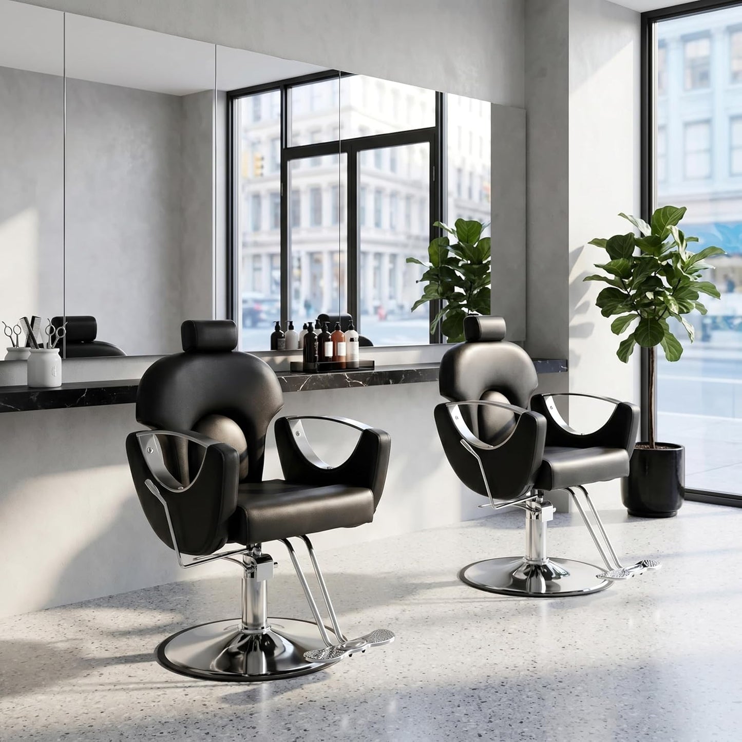 Skiennix Reclining Salon Chair - Heavy Duty Barber Chair with Adjustable Headrest | 360° Swivel, Black Silver, 440Lbs Capacity