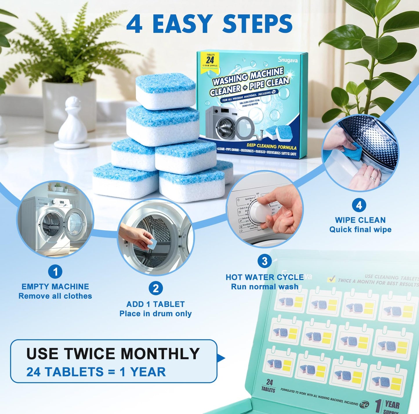 Washing Machine Cleaner Tablets and Deodorizer: 24 Pack Laundry Machine Tub Descaler Cleaner, Deep Cleaning Household Pods for HE Front Loader Top Load Washer, Septic-Safe Eco-Friendly - 1 Year Supply